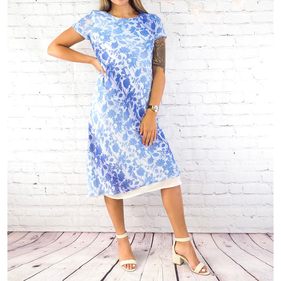 Y2K Floral Midi Dress Blue White Floral Short Sleeve Karin Stevens Size‎ Small - Picture 2 of 5